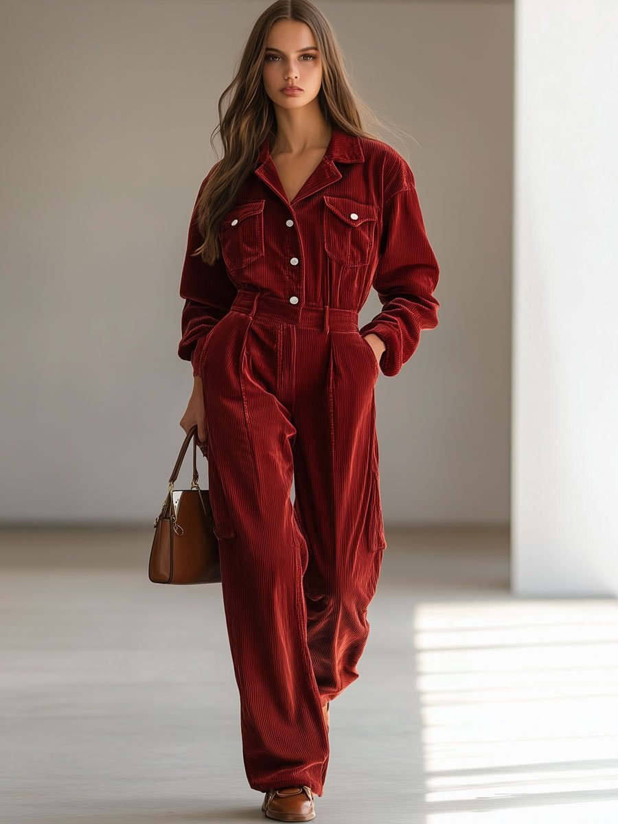 Casual Loose Vintage Corduroy Ankola Red Multi-Pocket Long Sleeve Jumpsuit