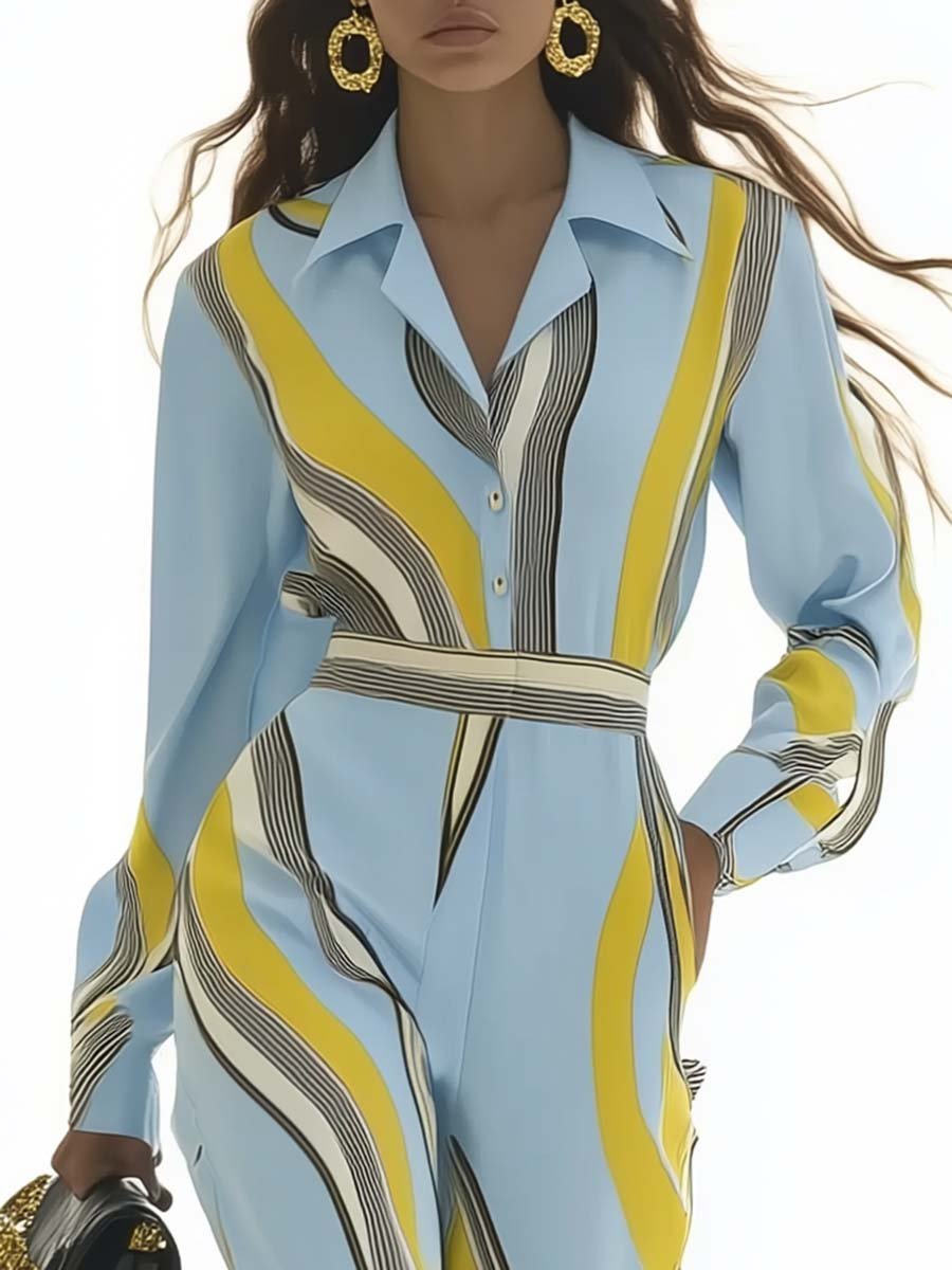 Personalized Commuter Lapel Sky Blue Striped Print Jumpsuit