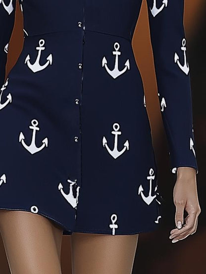 Elegant Anchor Print Lapel Navy Blue Long Sleeve Mini Dress