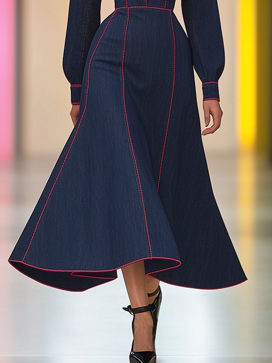 Retro Fashion Long Sleeve Navy Denim Red Topstitched Shirt Midi Dress