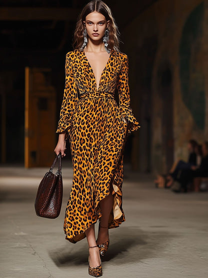 V-Neck Fashion Party Leopard Print Velvet Pocket Long Sleeve Midi Dress