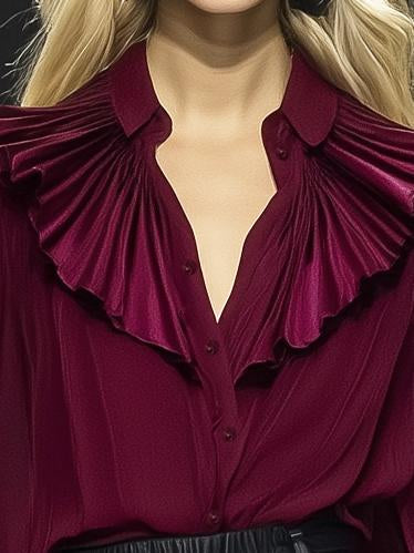 Elegant Lapel Ruffled Neckline Burgundy Chiffon Long-Sleeved Shirt