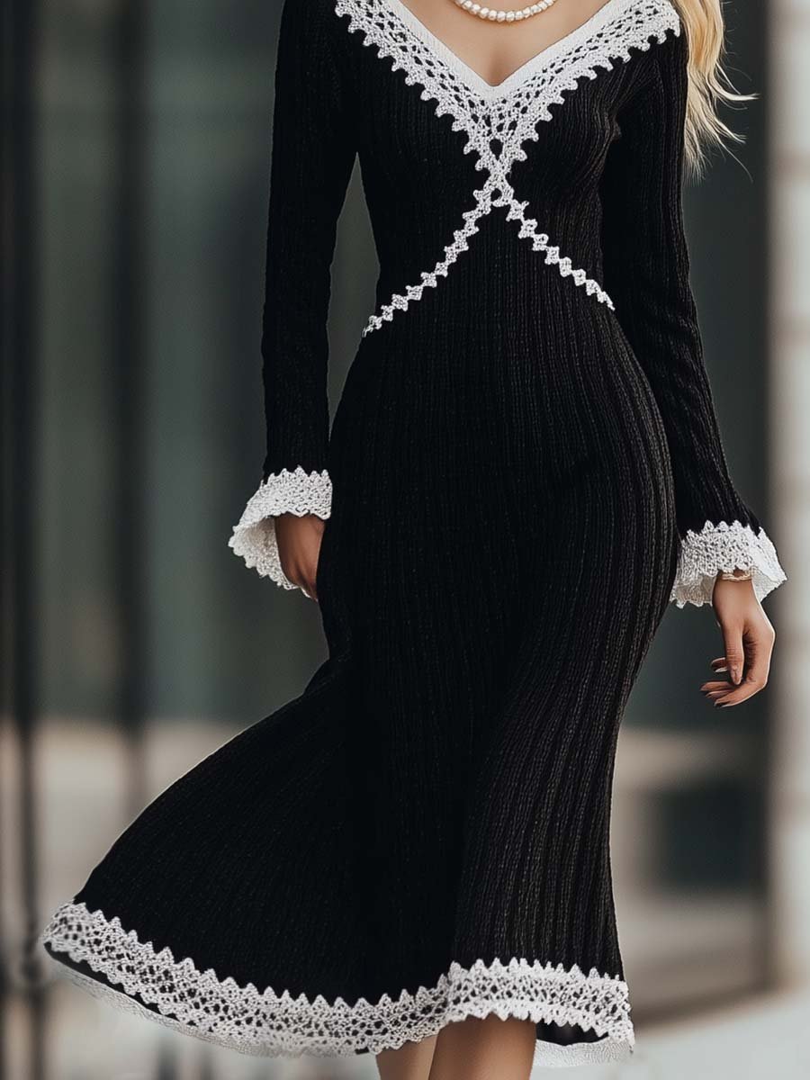 Sexy Elegant V-Neck Lace Decoration Black Knitted Midi Dress