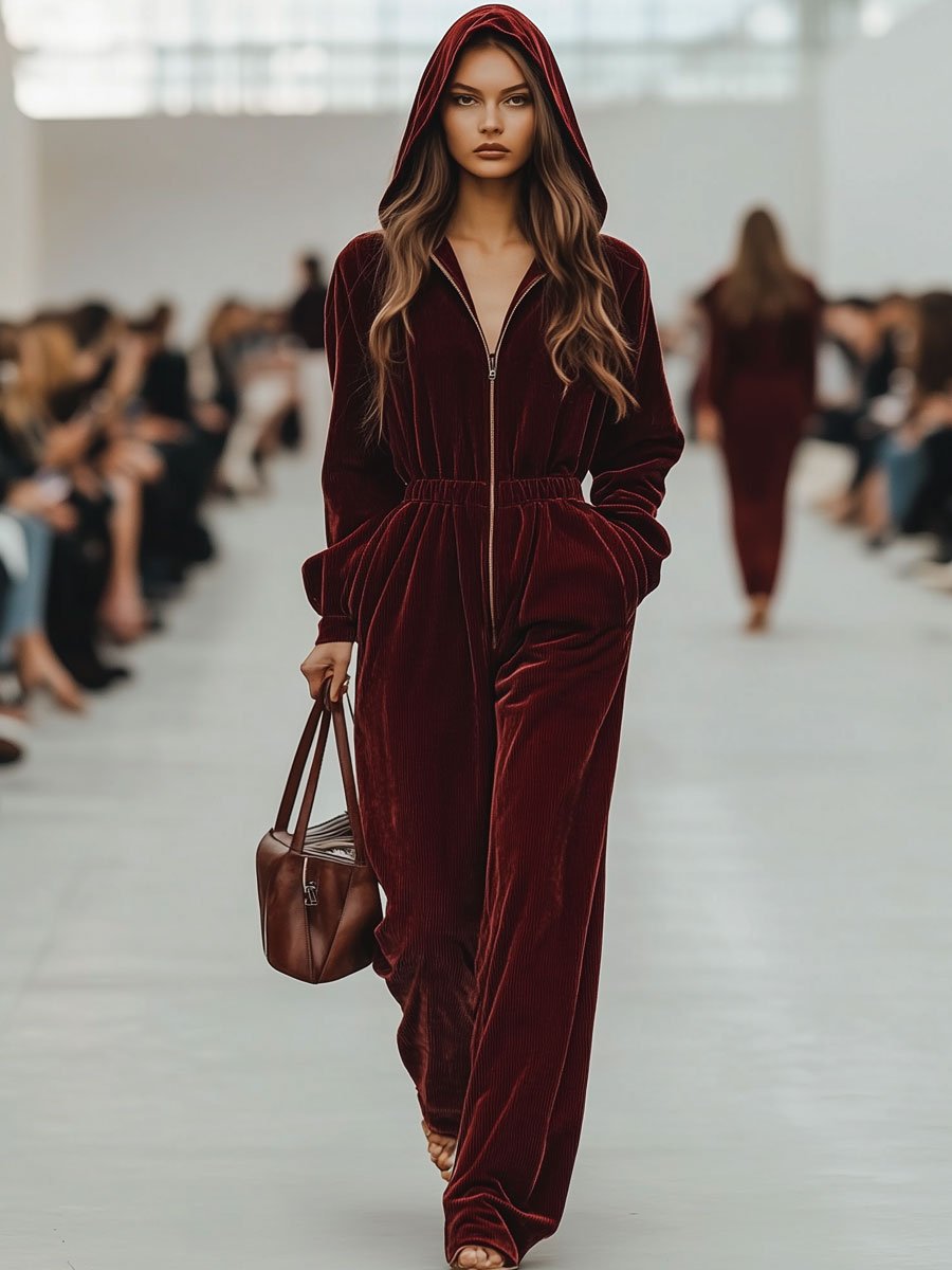 Casual Loose Retro Ankola Red Corduroy Zipper Hooded Jumpsuit