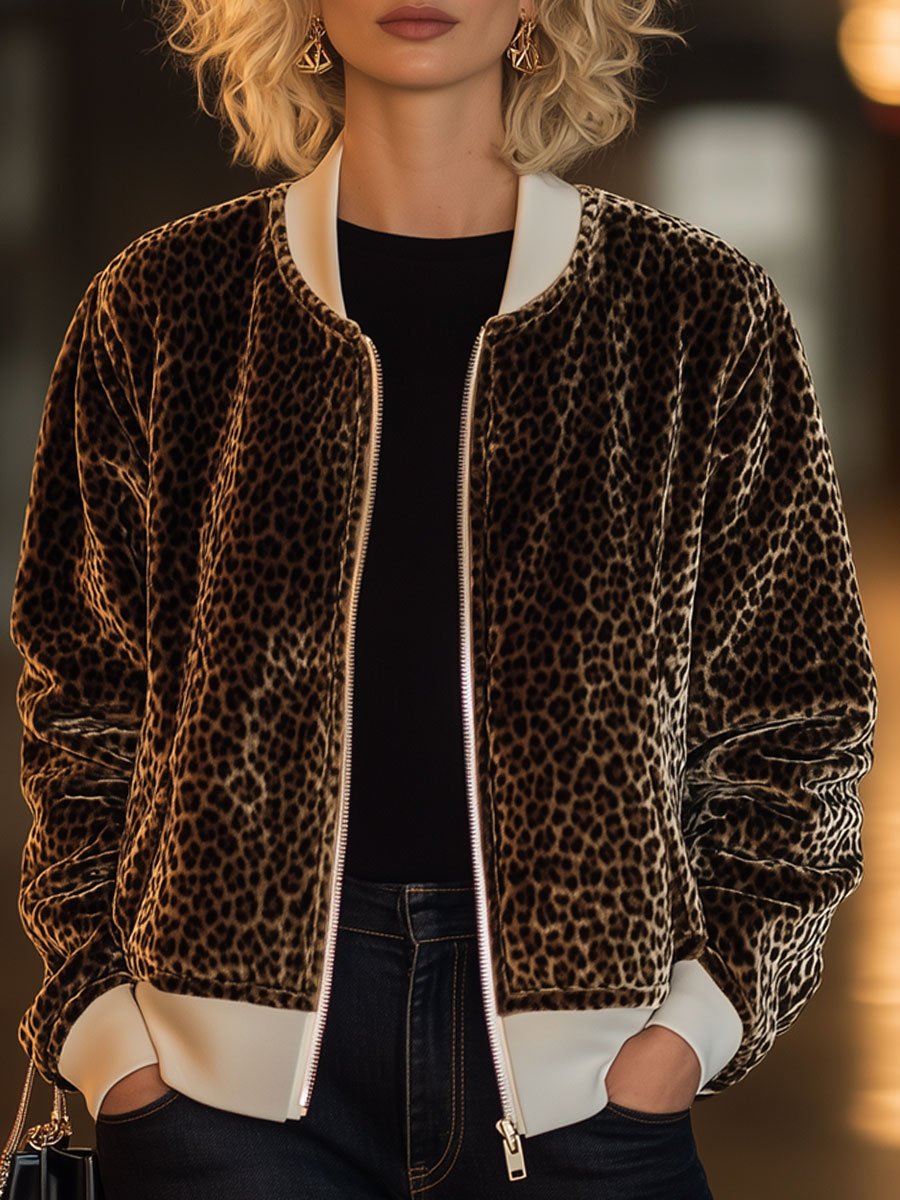 Casual Loose Velvet Leopard Print Ribbed Zipper Bomber Jacket