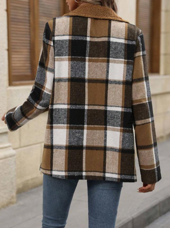 Casual Loose Fashion Lapel One-piece Polar Fleece Plaid Wool Coat