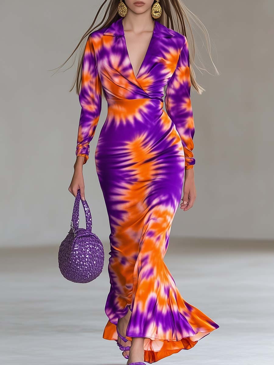 Elegant and Vibrant Orange and Purple Printed V-neck Slim Fishtail Maxi Dress