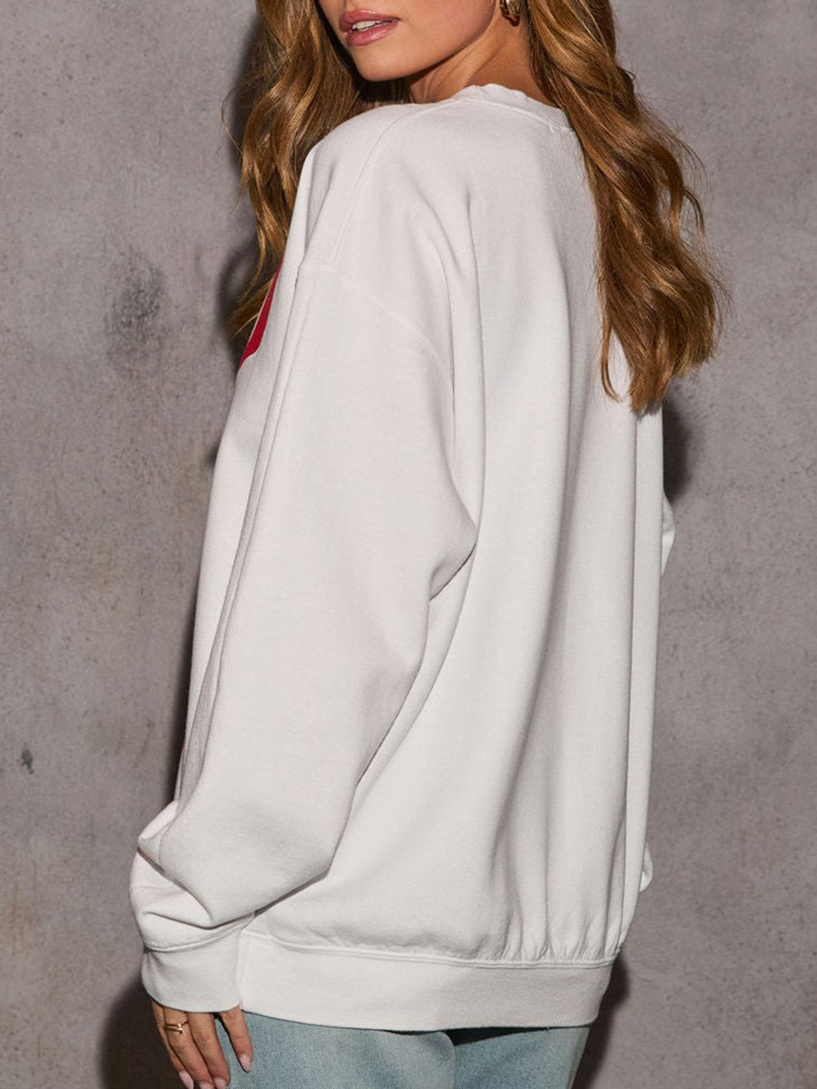 Casual Loose Bow Print White Pullover Sweatshirt