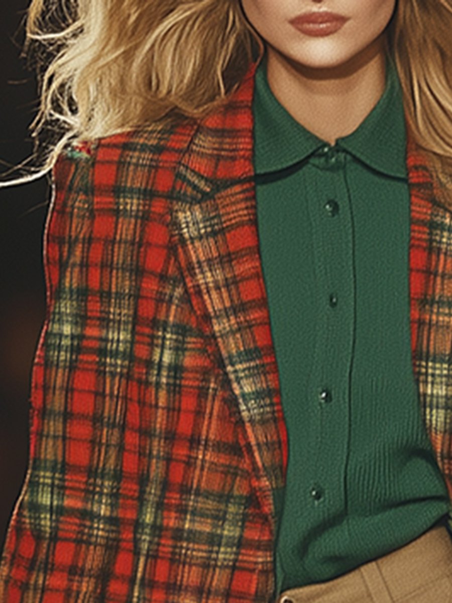 Casual Loose Retro Pocket Woolen Plaid Mid-Length Coat