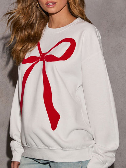 Casual Loose Bow Print White Pullover Sweatshirt