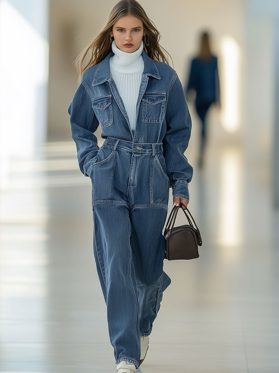 Casual Retro Multi-Pocket Denim Long Sleeve Straight Jumpsuit