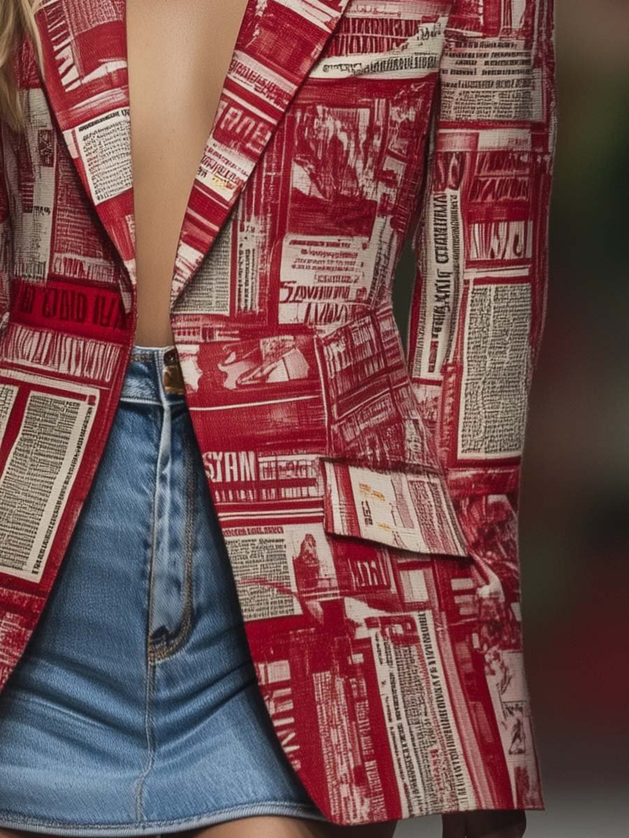 Stylish Personalized Newspaper Print Red Blazer