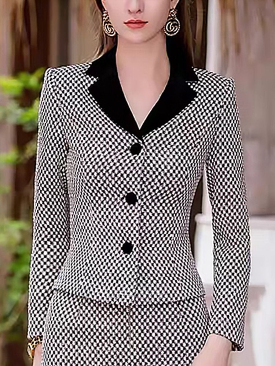 High Quality Vintage Black And White Plaid Stitching Velvet Lapel Chanel Style Set