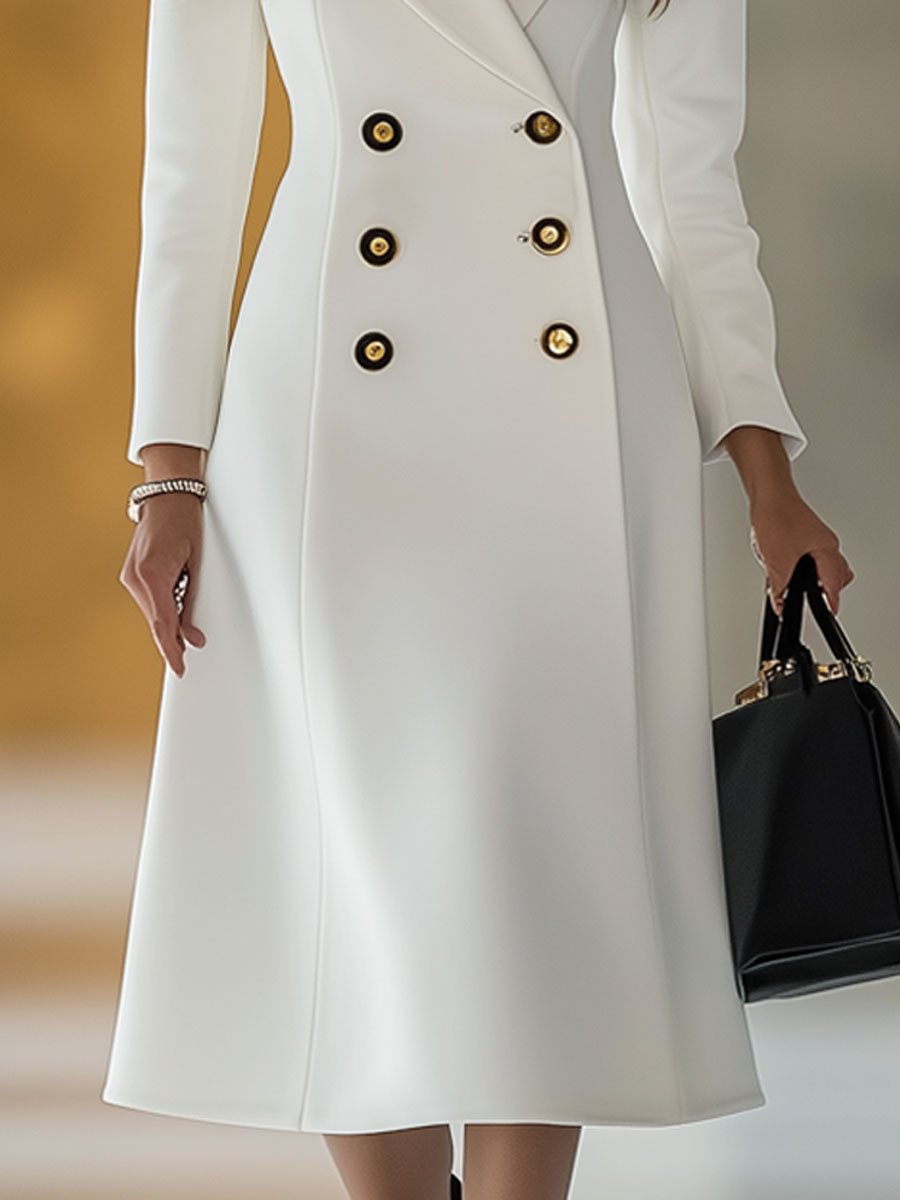 Casual Retro Solid Color Double Breasted Trench Coat Style Midi Dress