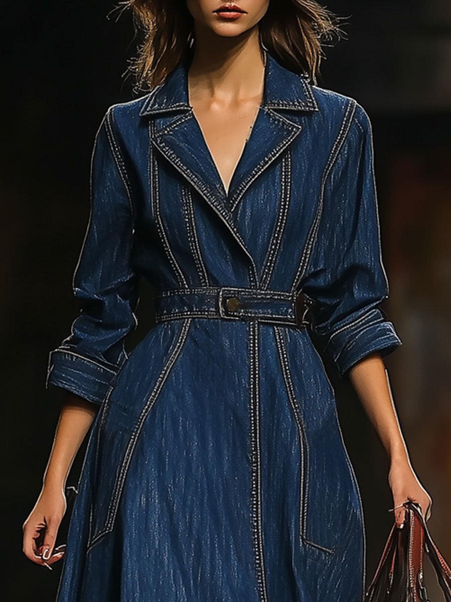 Casual Loose Retro Pocket Belted Dress Style Denim Trench Coat