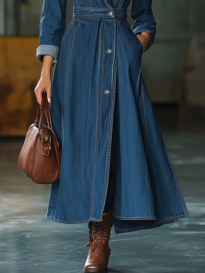 Casual Loose Retro Pocket Dress Style Denim Trench Coat