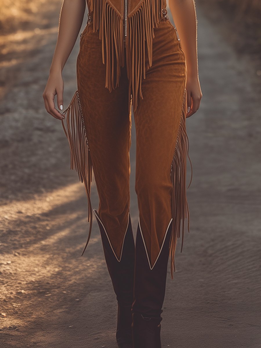 Western Fringed Brown Suede Vest Zip-Up Jumpsuit