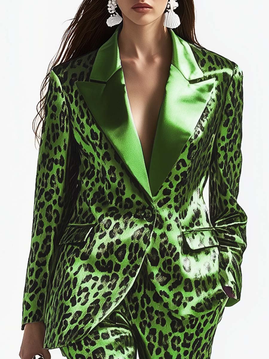 Cool and Fashionable Leopard Print Green Satin Suit