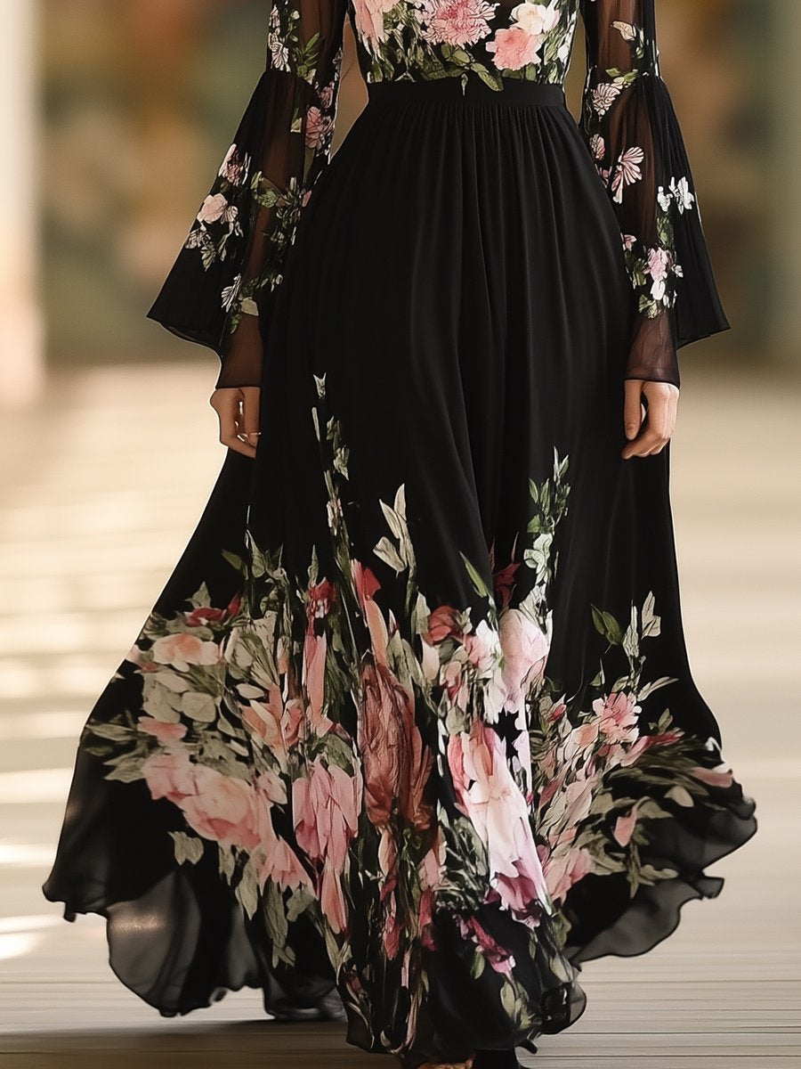 Romantic Illusion Half-high Neck Printed Black Chiffon Long-sleeved Maxi Dress