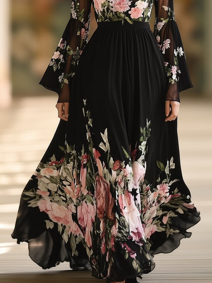 Romantic Illusion Half-high Neck Printed Black Chiffon Long-sleeved Maxi Dress