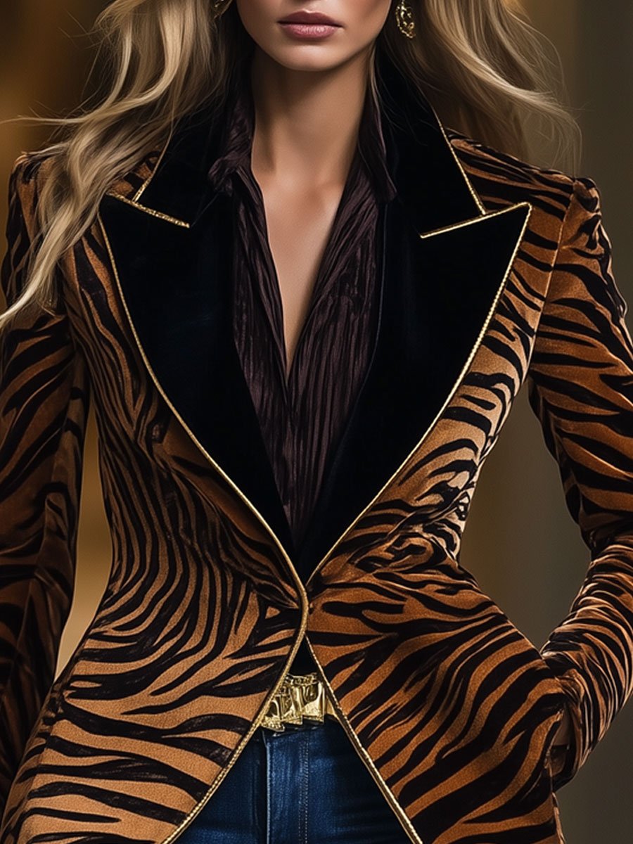 Casual Loose Vintage Velvet Zebra Pattern Gold Wire Striped Lapel Pocket Blazer