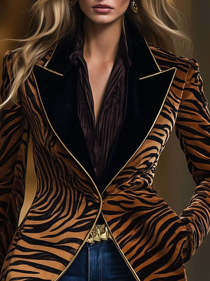 Casual Loose Vintage Velvet Zebra Pattern Gold Wire Striped Lapel Pocket Blazer