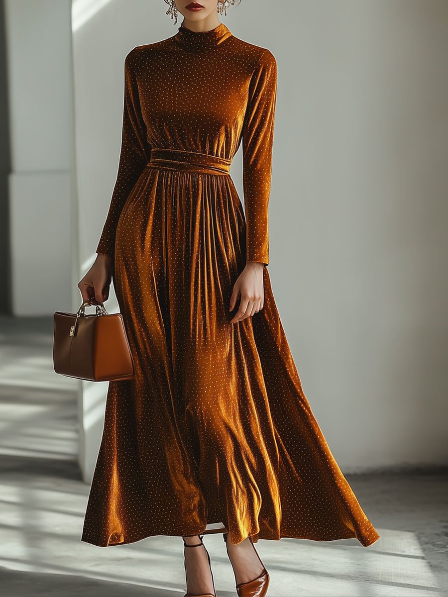 Loose Retro Velvet Polka Dot Round Neck Long Sleeve Maxi Dress