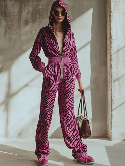 Casual Loose Velvet Zebra Print Zipper Elastic Waist Hooded Jumpsuit