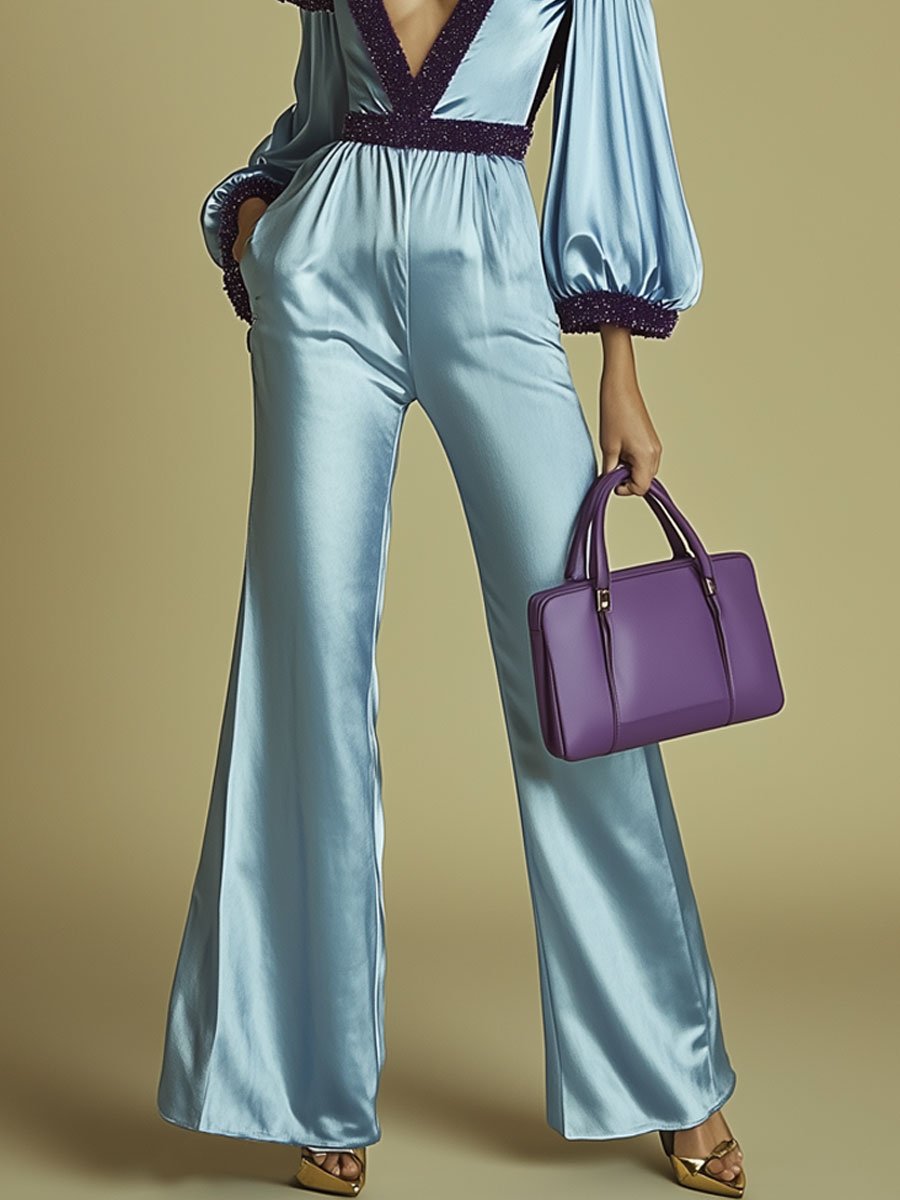 Fashion Party Light Blue Satin Purple Ribbon V-neck Lantern Long Sleeve Flared Jumpsuit