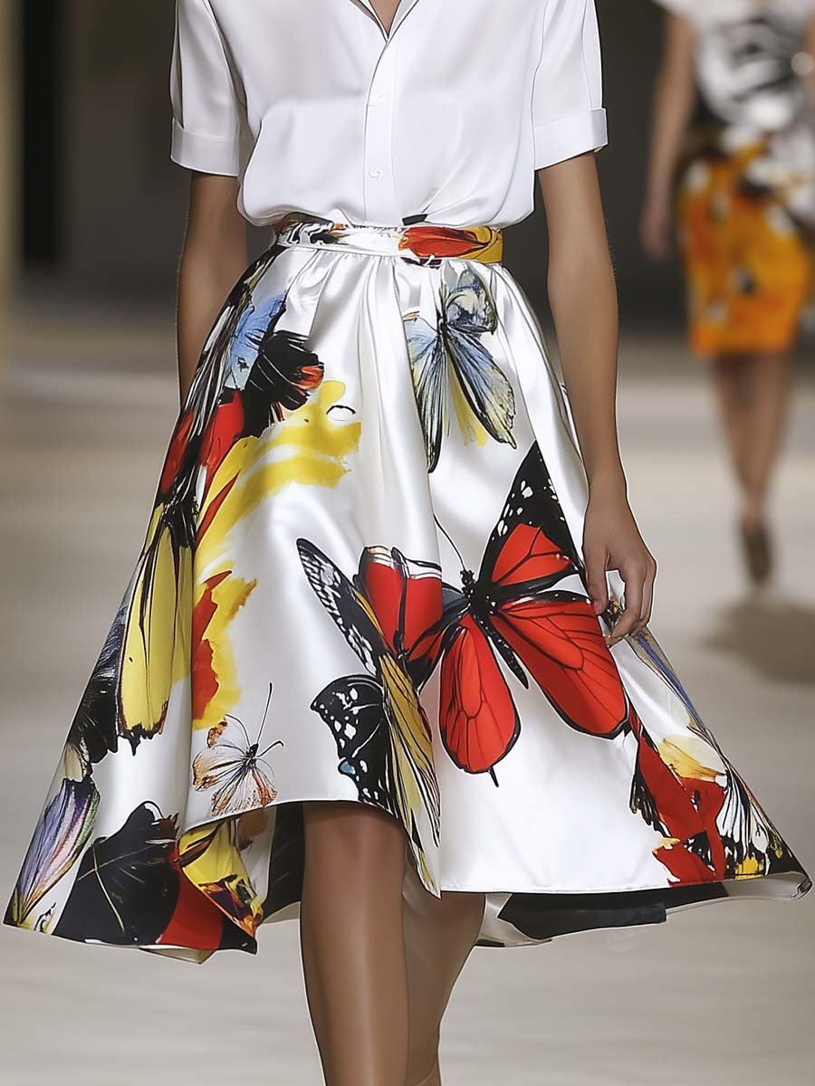 Elegant A-line Lucky Butterfly Print White Skirt