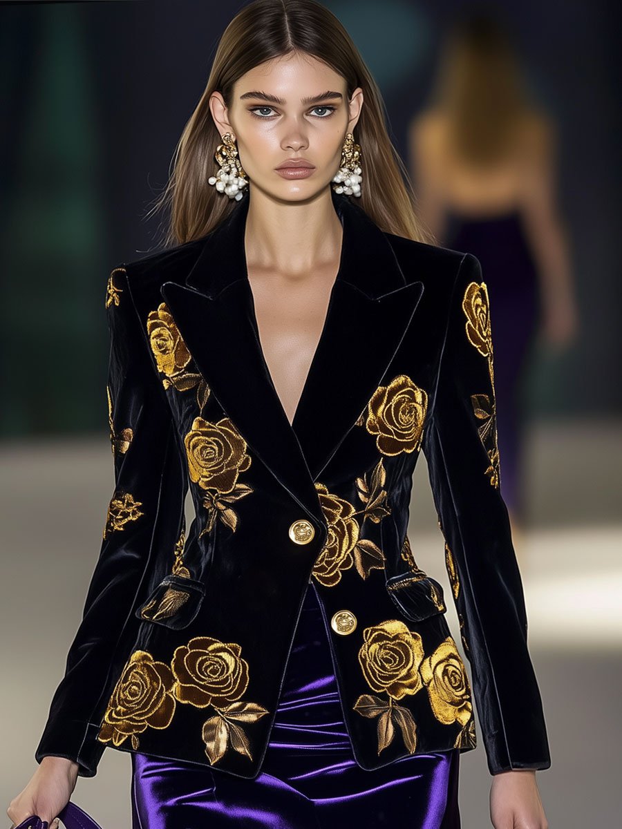 Casual Loose Retro Black Velvet Gold Rose Print Lapel Blazer