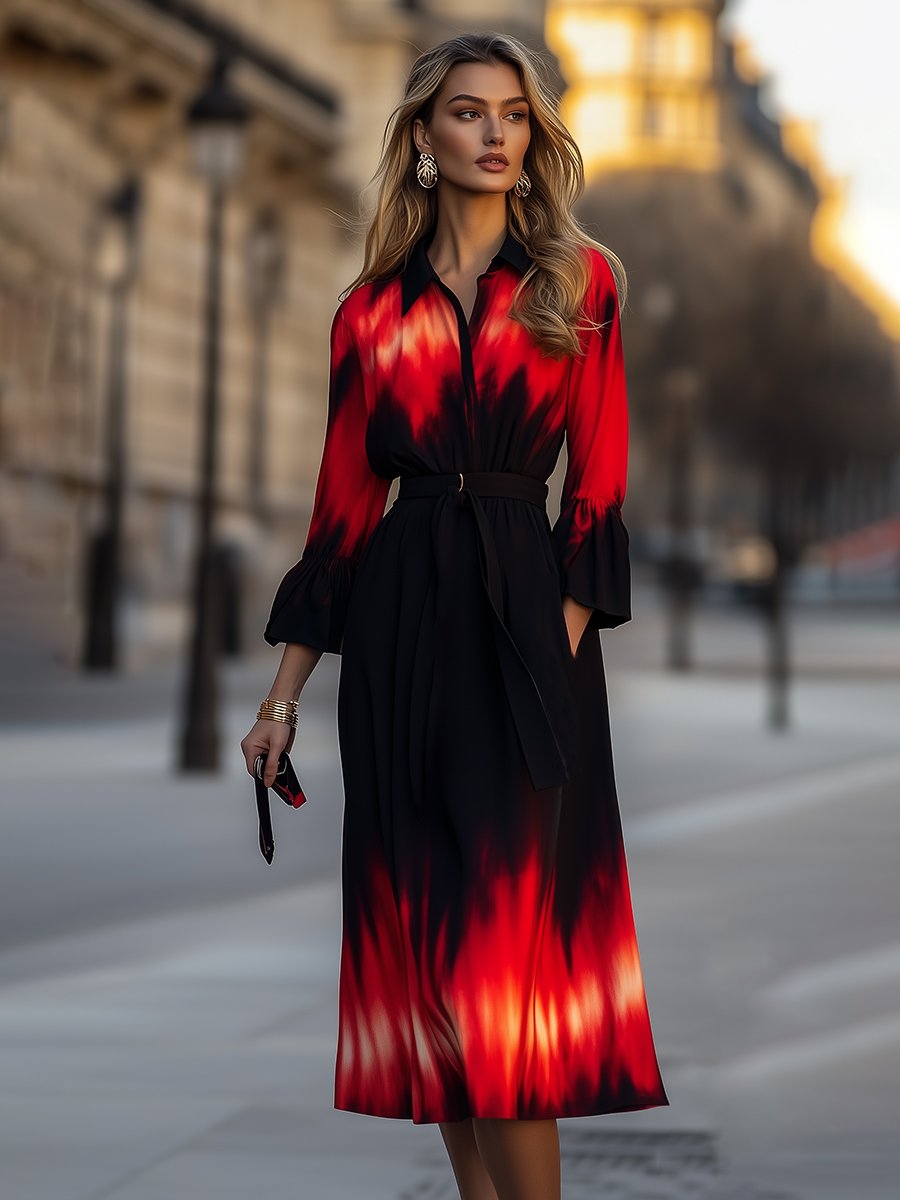 High-End Fashionable Black And Red Tie-Dyed Trumpet Sleeve Shirt Midi Dress