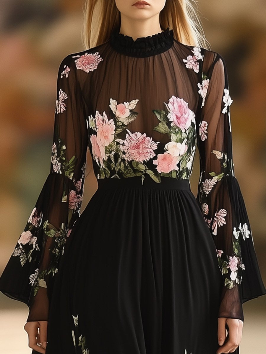 Romantic Illusion Half-high Neck Printed Black Chiffon Long-sleeved Maxi Dress