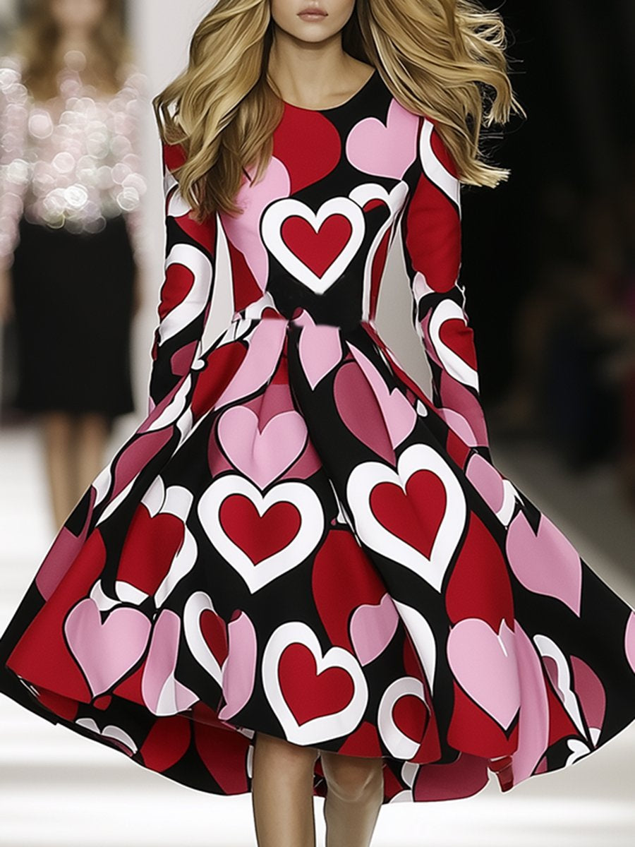 Exquisite and Elegant Heart Print Midi Dress