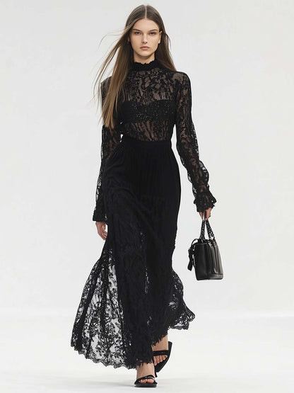 Elegant and Unique High Collar Black Lace Jumpsuit with A Lace Skirt