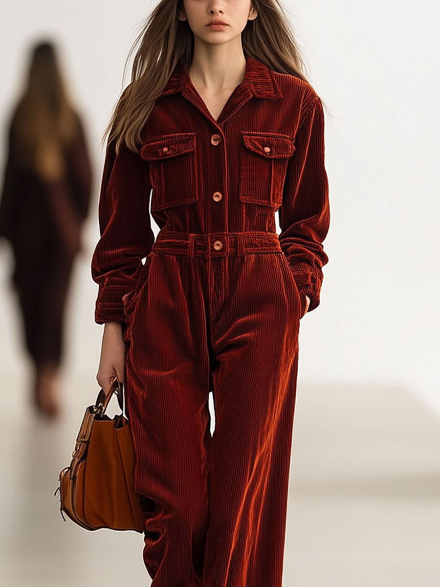 Casual Loose Retro Ankola Red Corduroy Multi-Pocket Long Sleeve Jumpsuit