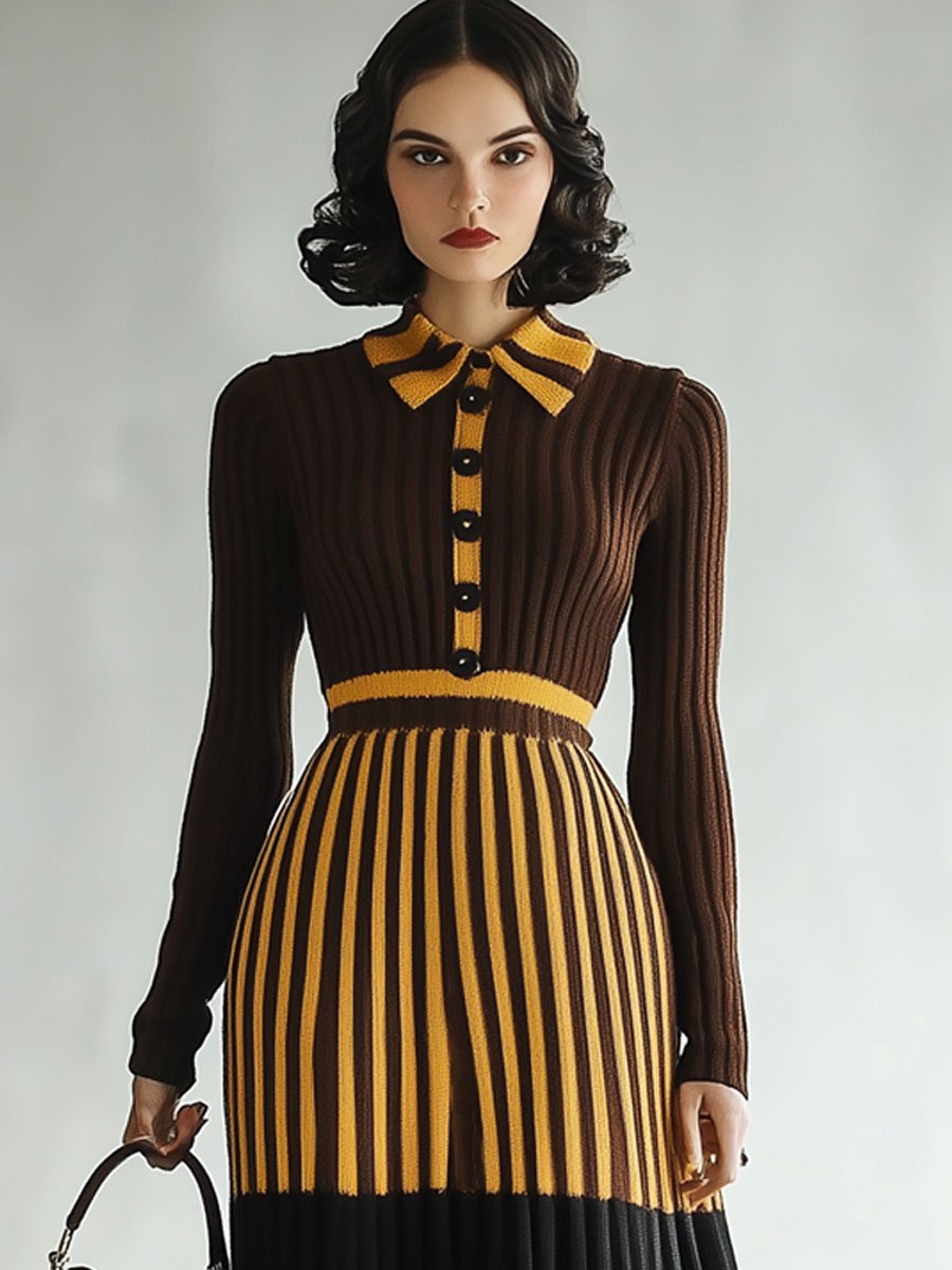 Fashion Loose Retro Striped Colorblock Knitted Long Sleeve Midi Dress