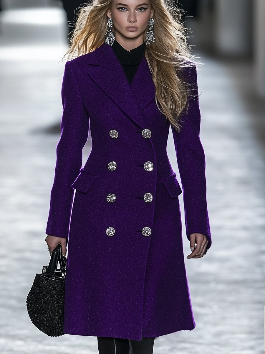 High-End Fashionable And Exquisite Silver Double-Breasted Purple Short Woolen Coat