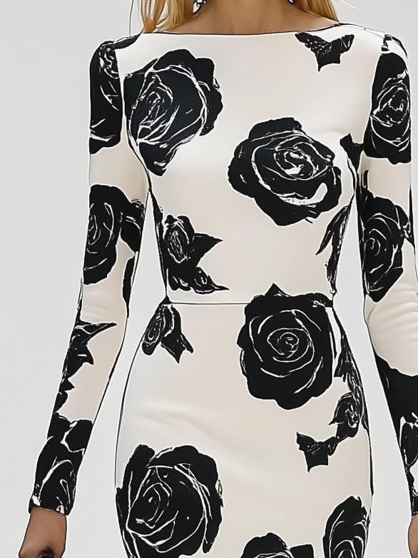 Classic Elegant Rose Print Long Sleeve Midi Dress