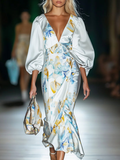 High-End Satin Printed Long-Sleeved Maxi Dress