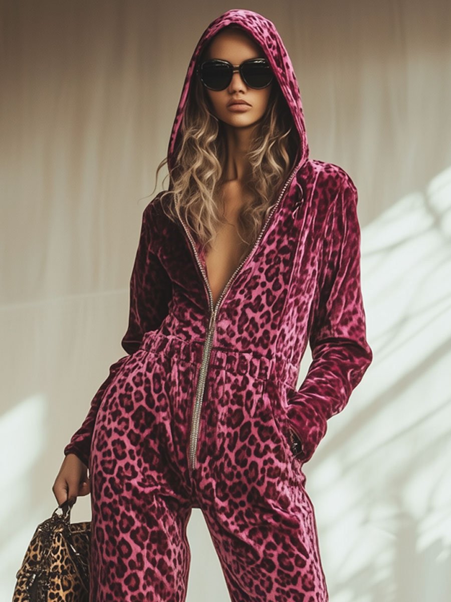 【24-hour shipping】Casual Loose Retro Pink Velvet Leopard Print Elastic Waist Zipper Hooded Jumpsuit