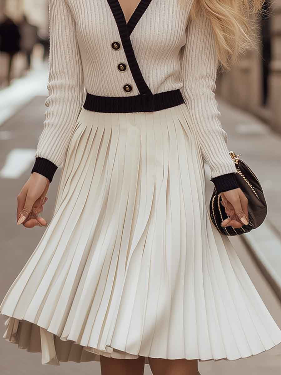 Elegant V-neck Knitted Top with Pleated Midi Dress