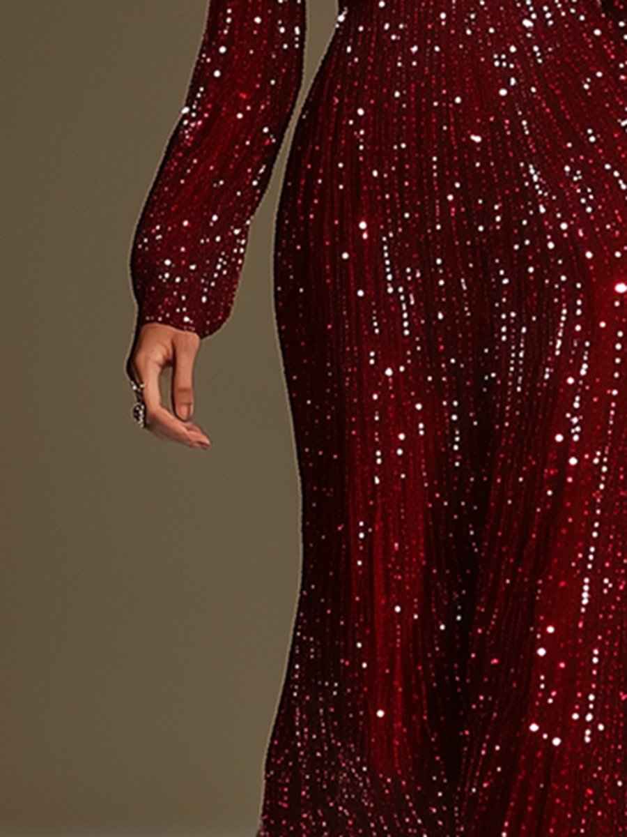 High-End And Elegant V-Neck Sequined Burgundy Dress