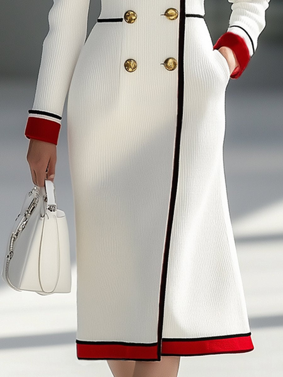 Fashionable And Elegant Double-Breasted Red Colorblock Midi Dress