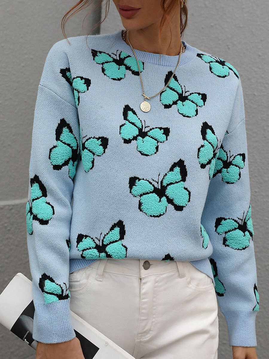 Butterfly Jacquard Round Neck Loose Knitted Pullover Sweater