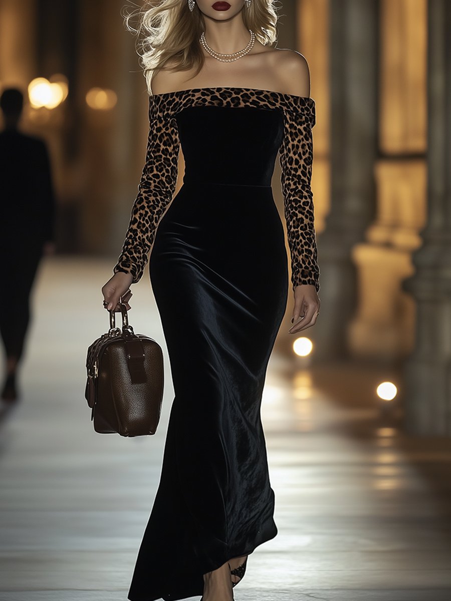 【24 hour shipping】Retro Elegant High End One Shoulder Leopard Print Velvet Dress
