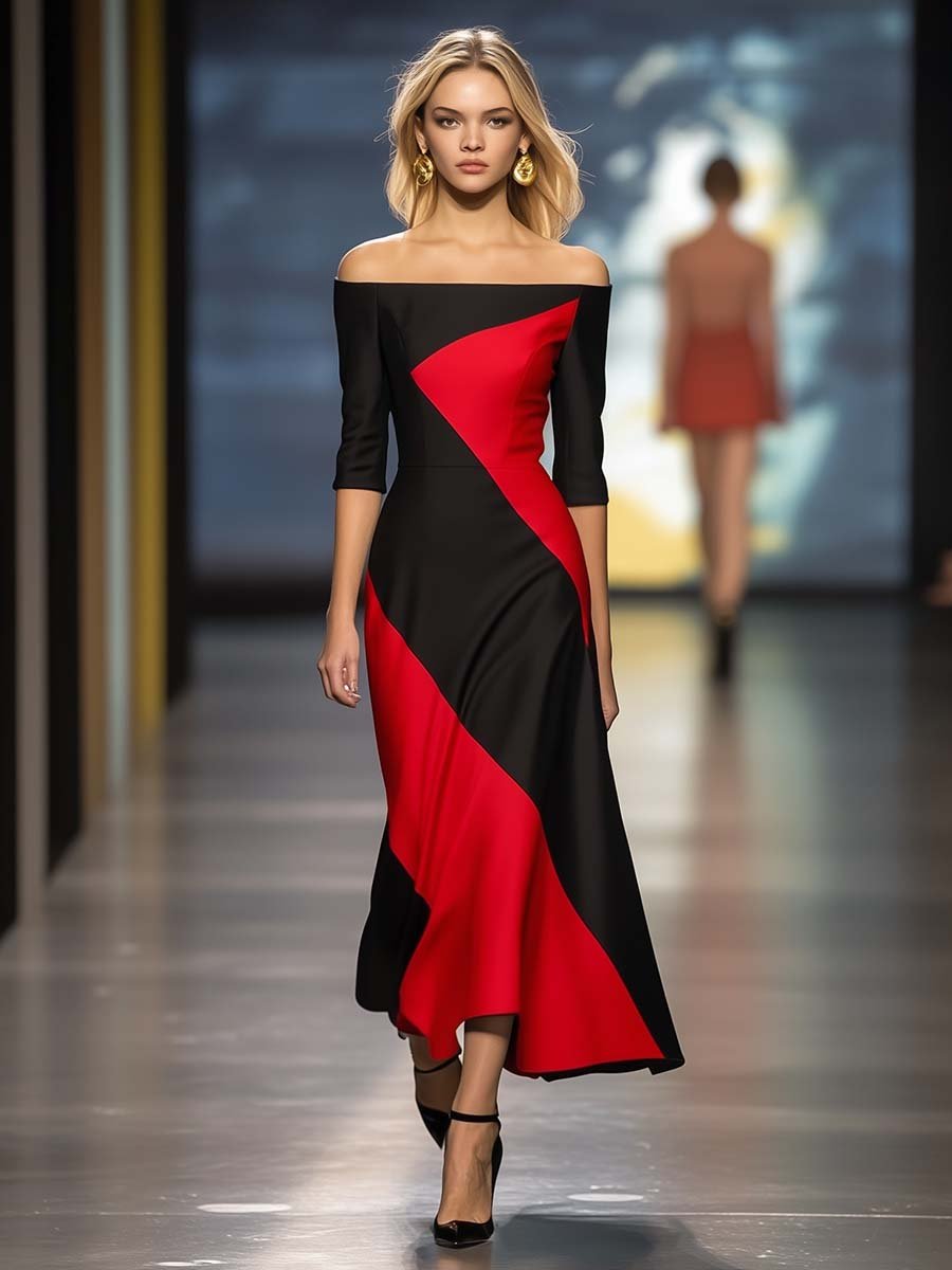 Fashion Personality Off-shoulder Black and Red Contrast Maxi Dress