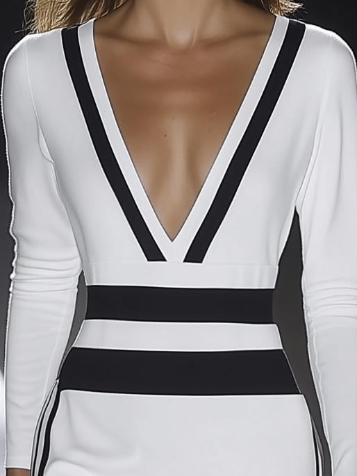 Classic Striped White V-Neck Long Sleeve Midi Dress