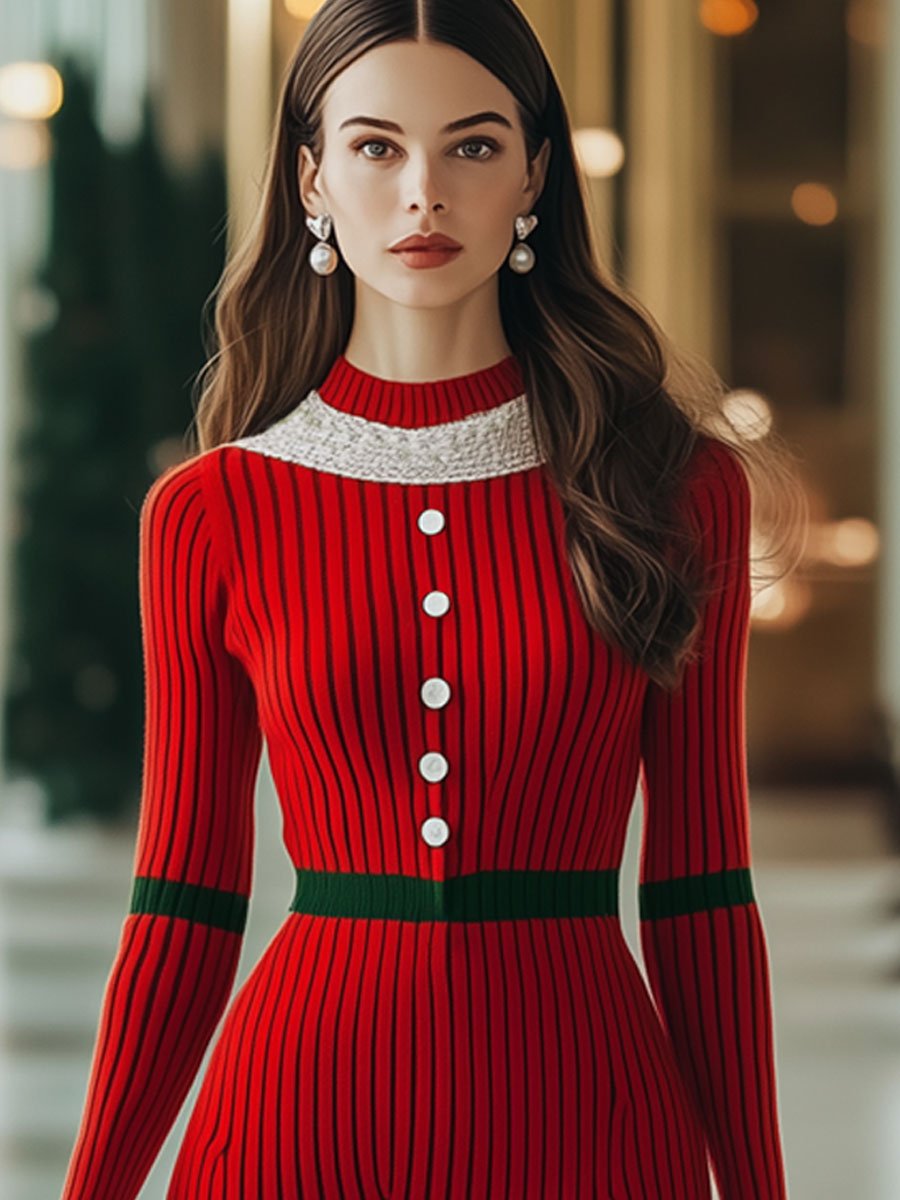 Fashion Retro Woolen Red And Green Striped Lace Long-Sleeved Mini Dress