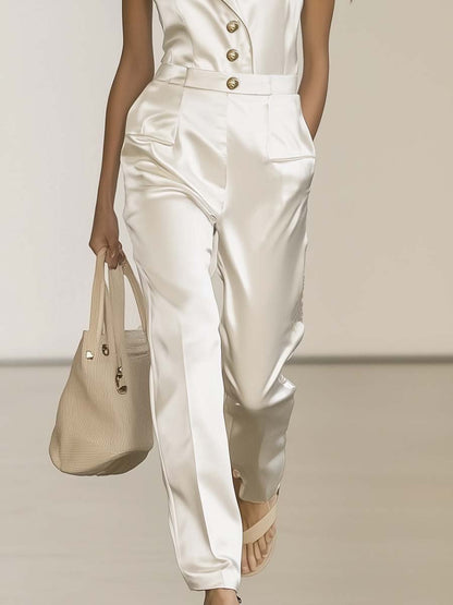 Elegant Commuter Suit Style Vest White Satin Jumpsuit